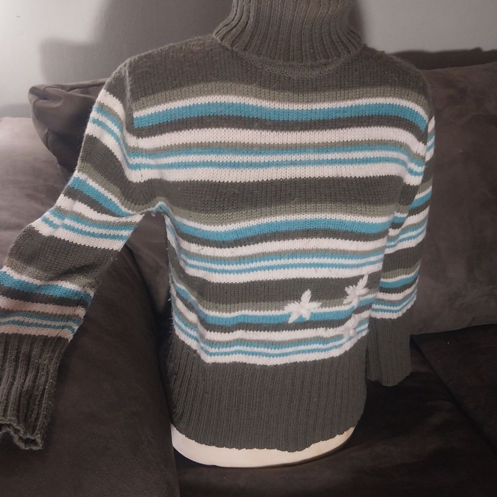 Striped Lady's Turtleneck Sweater with Embroidered Floral Detail